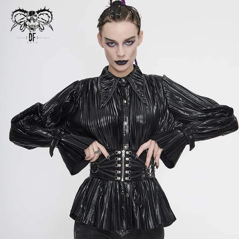 Women's Gothic Black Shimmer Long Ruffle Sleeved Shirts