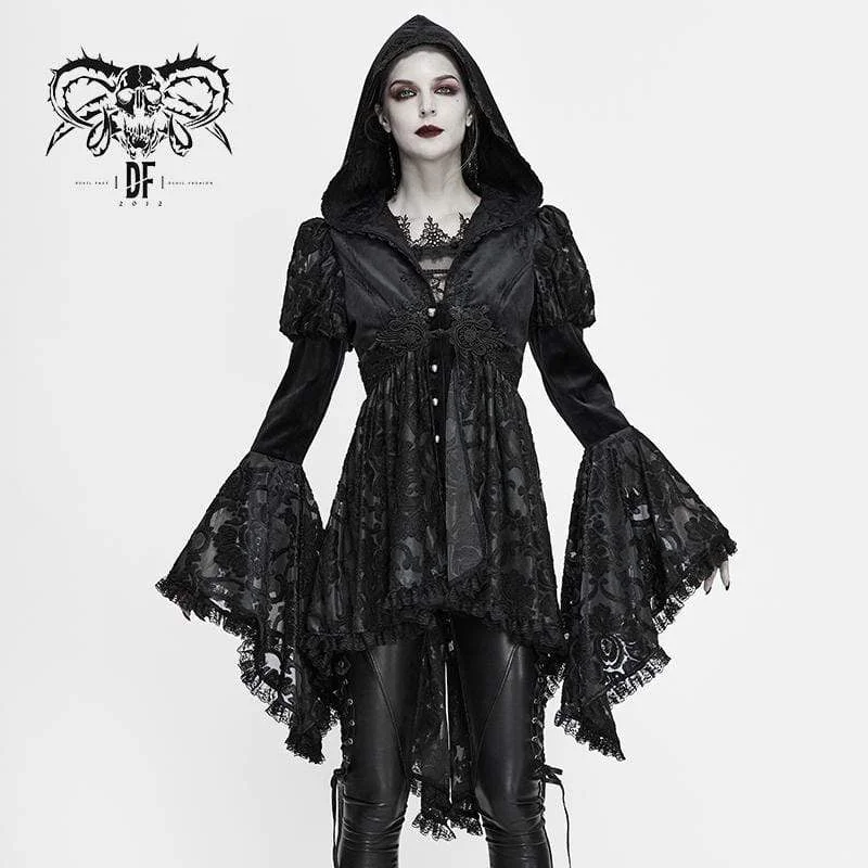 Women's Gothic Flare Sleeve Floral Mesh Jackets With Hood