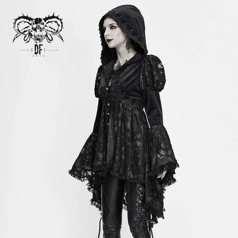 Women's Gothic Flare Sleeve Floral Mesh Jackets With Hood