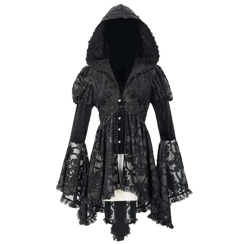 Women's Gothic Flare Sleeve Floral Mesh Jackets With Hood