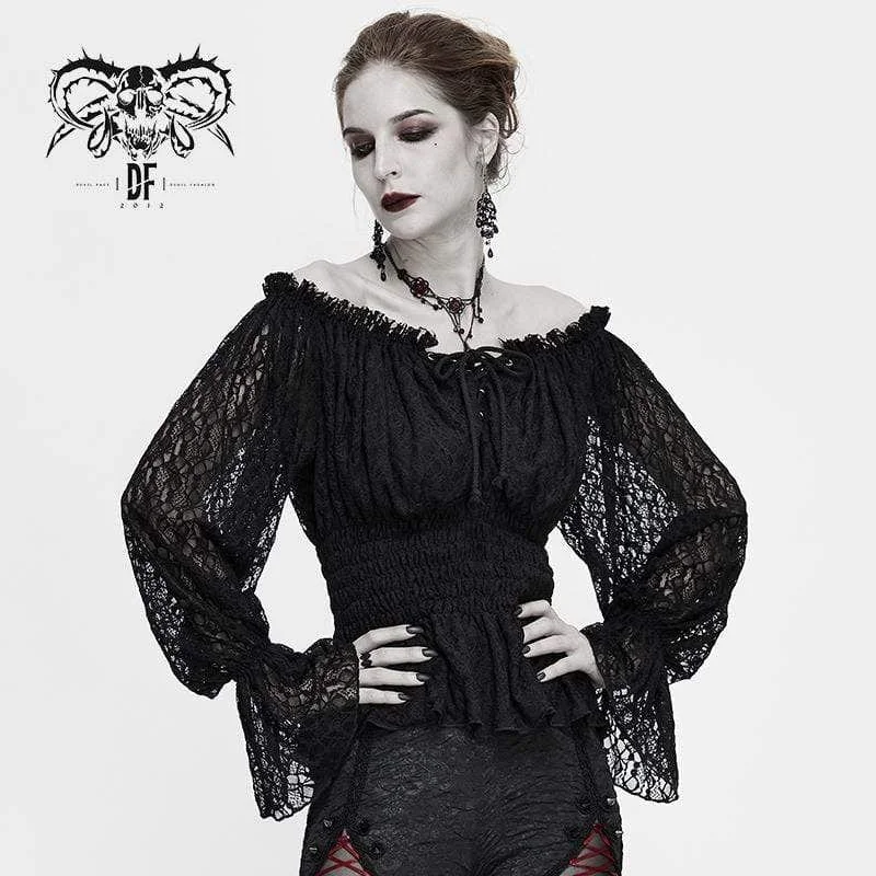 Women's Gothic Off-shoulder Strappy Lace Sleeve  Tops