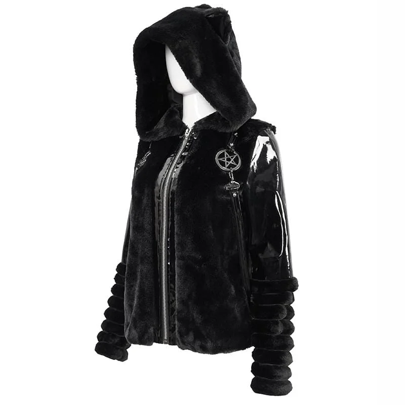 Women's Gothic Pentagram Splice Jacket with Ears Hood