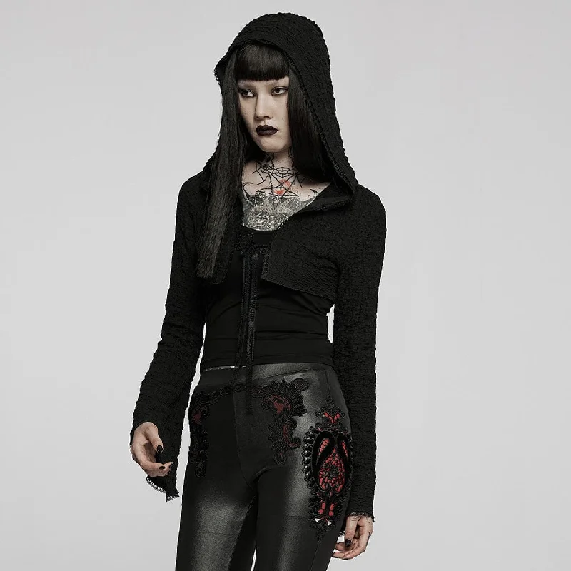 Women's Gothic Punk Flare Sleeved Knitted Short Jacket with Hood