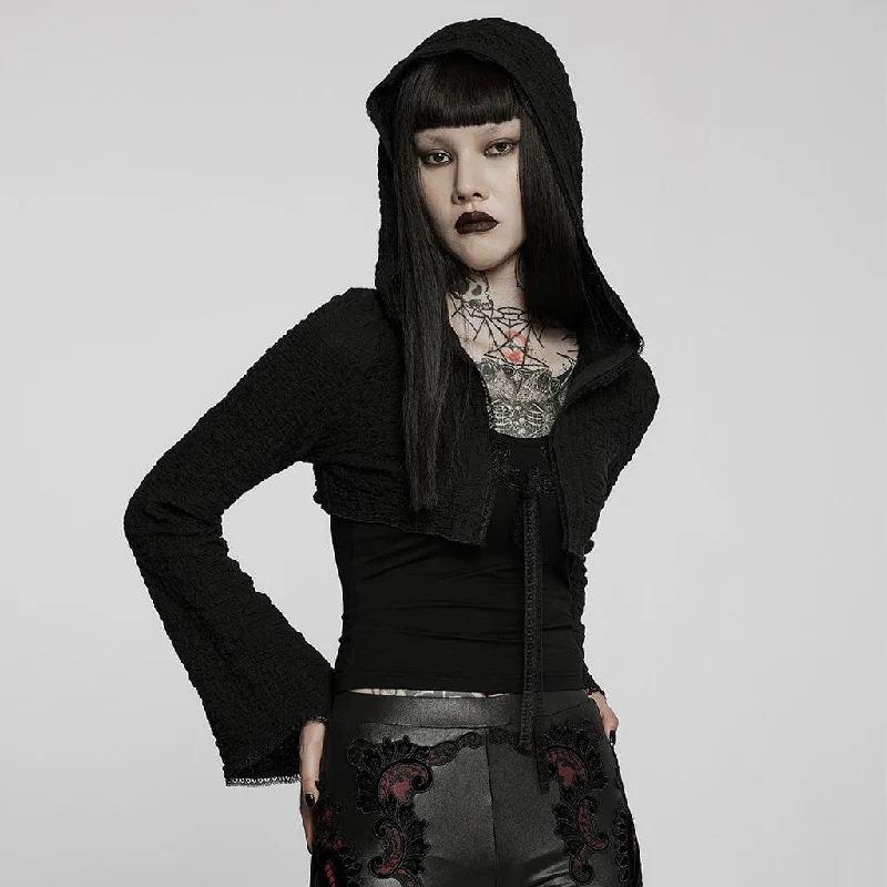 Women's Gothic Punk Flare Sleeved Knitted Short Jacket with Hood