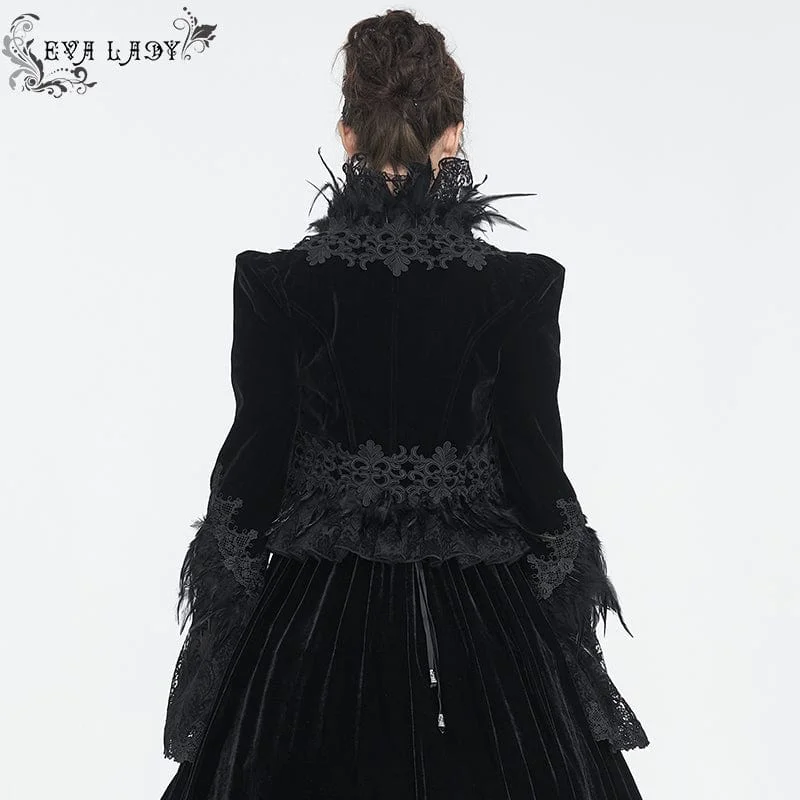 Women's Gothic Stand Collar Floral Embroidered Feather Jacket