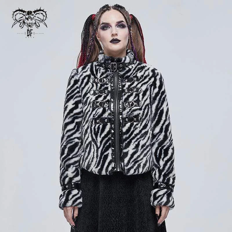 Women's Gothic Stand Collar Zebra-stripe Buckles Jacket