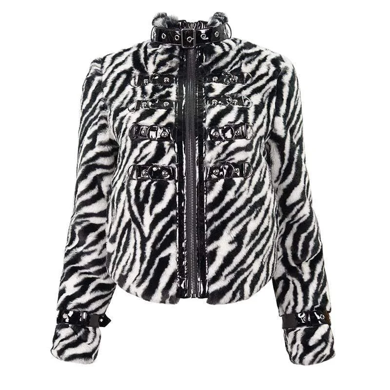 Women's Gothic Stand Collar Zebra-stripe Buckles Jacket