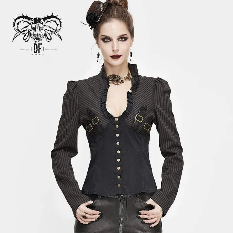 Women's Gothic Striped Falbala Splicing Faux Leather Shirts