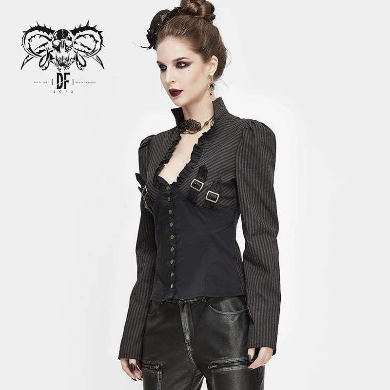 Women's Gothic Striped Falbala Splicing Faux Leather Shirts