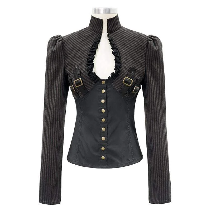 Women's Gothic Striped Falbala Splicing Faux Leather Shirts