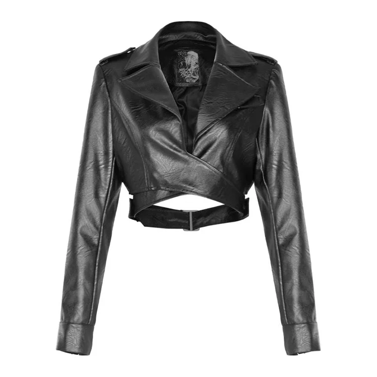 Women's Gothic Turn-Down Collar PU Leather Jackets With Belt