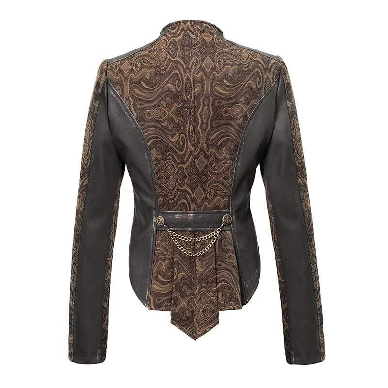 Women's Gothic Zip Faux Leather Splicing Jacquard Jackets Coffee