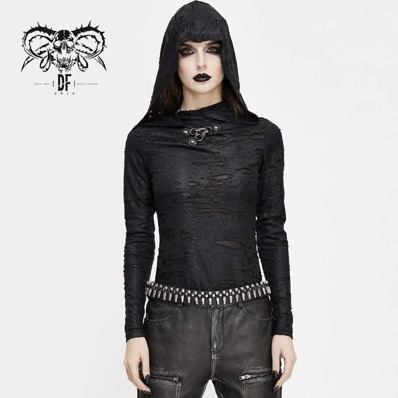 Women's Grunge Ripped Long Sleeve Tops With Hood