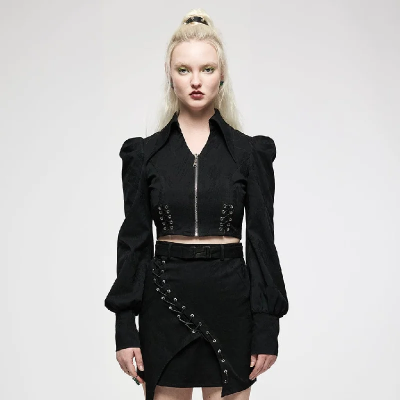 Women's Punk Front Zip Puff Sleeved Jacquard Short Jacket