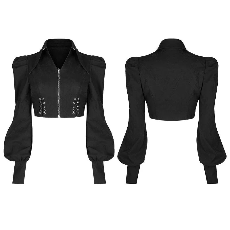 Women's Punk Front Zip Puff Sleeved Jacquard Short Jacket