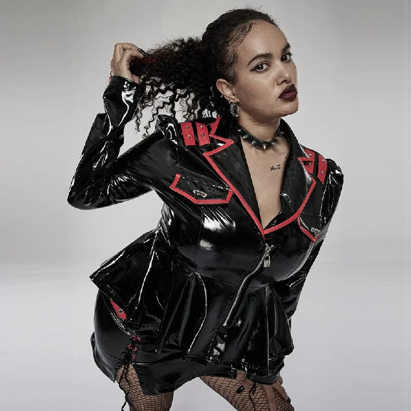 Women's Punk Military Style Contrast Color Patent Leather Jacket