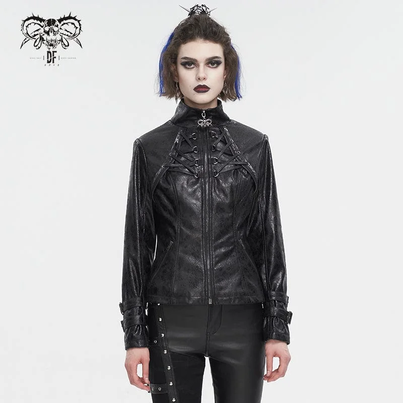 Women's Punk Stand Collar Crackled Buckle Jacket