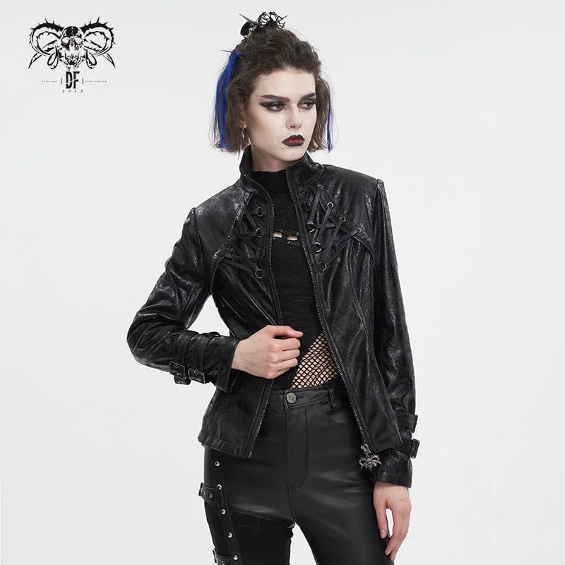 Women's Punk Stand Collar Crackled Buckle Jacket