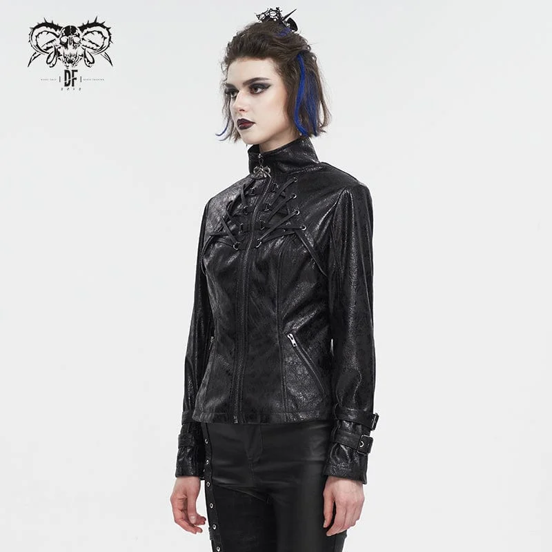 Women's Punk Stand Collar Crackled Buckle Jacket