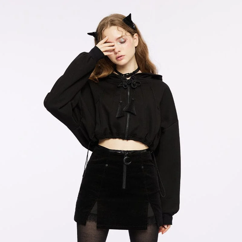 Women's Punk Tassels Knot Drawstring Jacket with Witch Hood