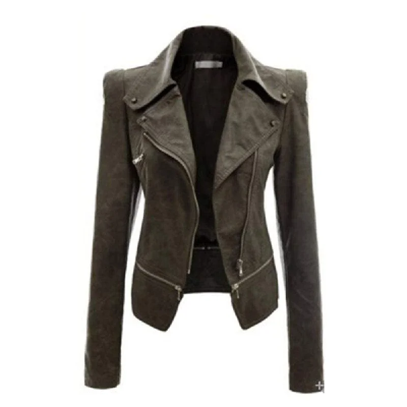 Women's Punk Turn-down Collar Zipper Faux Leather Jackets