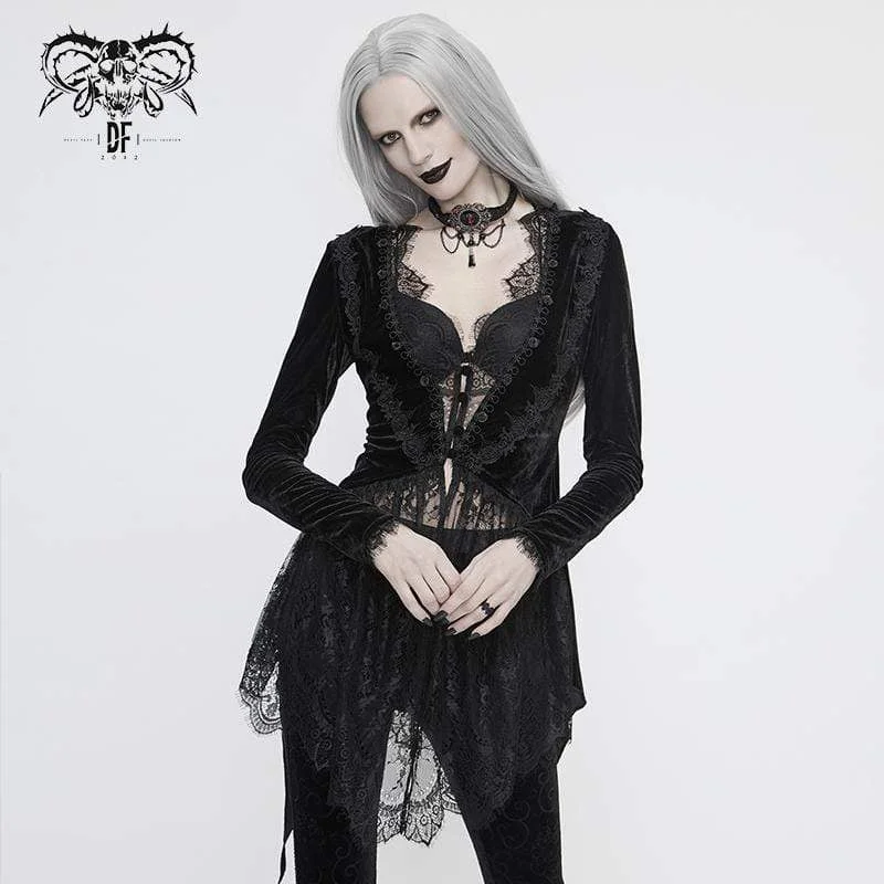 Women's Vintage Gothic Black Velvet and Delicate Lace Asymmetrical Jacket