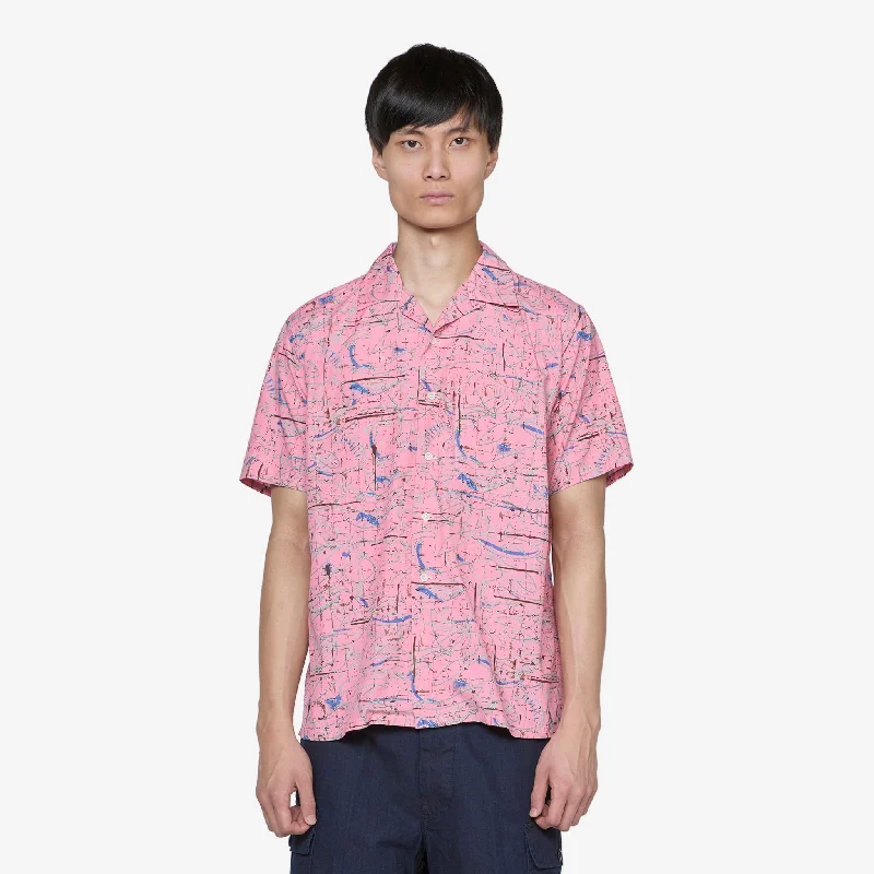 Open Collar Cotton Rayon Print Shirt Pink