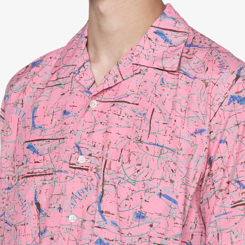 Open Collar Cotton Rayon Print Shirt Pink