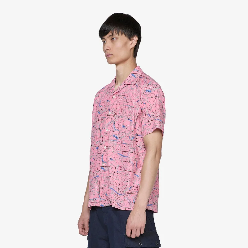 Open Collar Cotton Rayon Print Shirt Pink