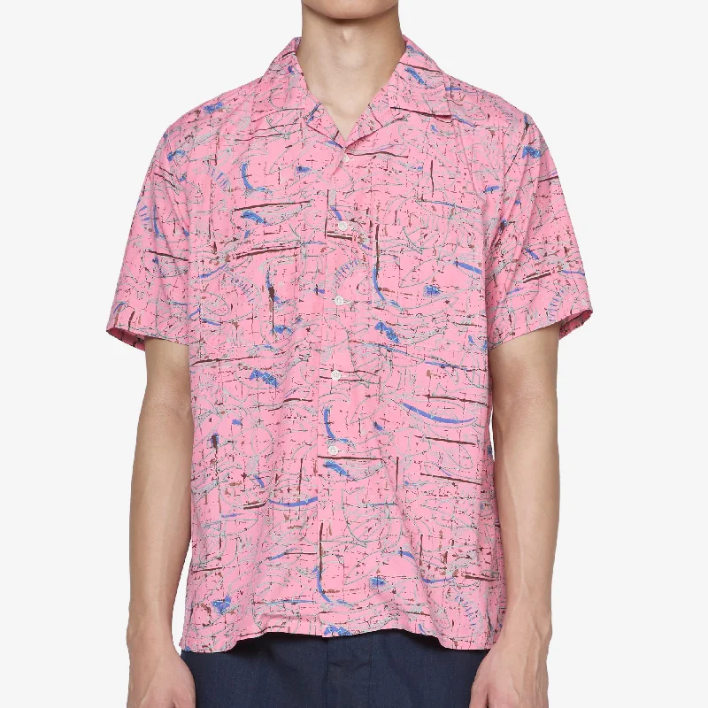 Open Collar Cotton Rayon Print Shirt Pink